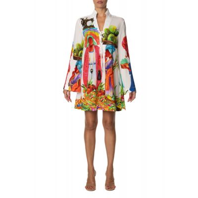 SHORT WHITE CAFTAN DRESS WITH PRINT