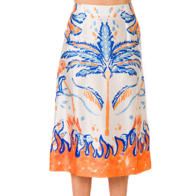 BLUE AND ORANGE PRINTED MIDI SKIRT
