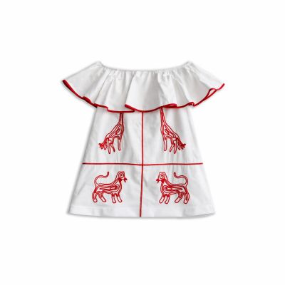 WHITE COTTON DRESS WITH RED EMBROIDERY